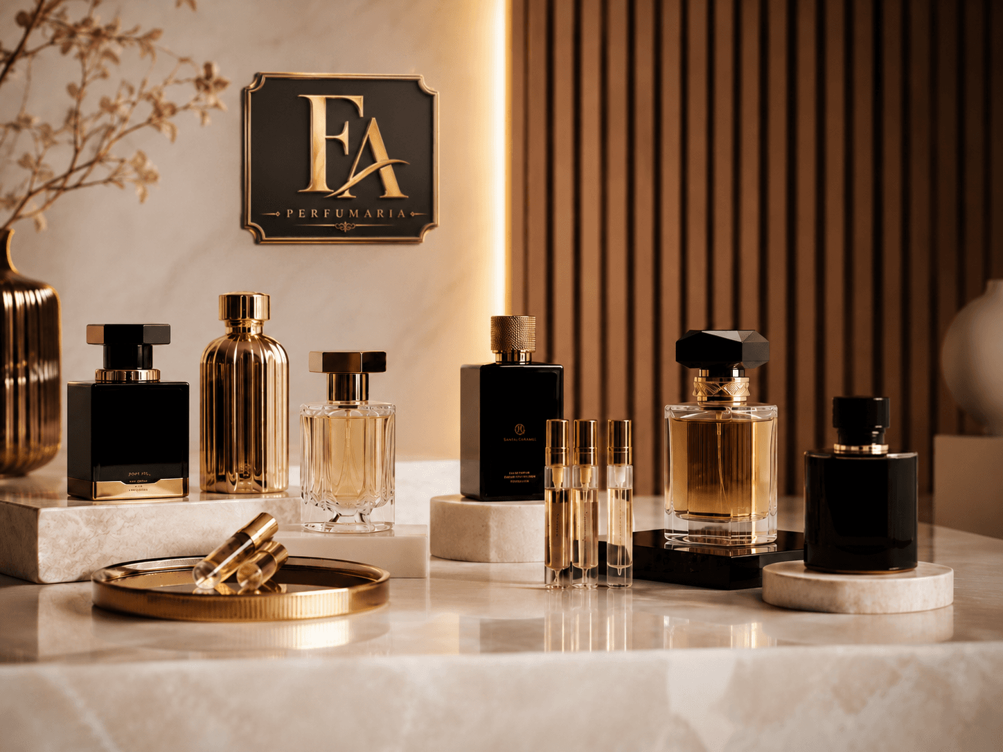 Perfumes FA Perfumaria em composição de mármore, com a marca em destaque na parede